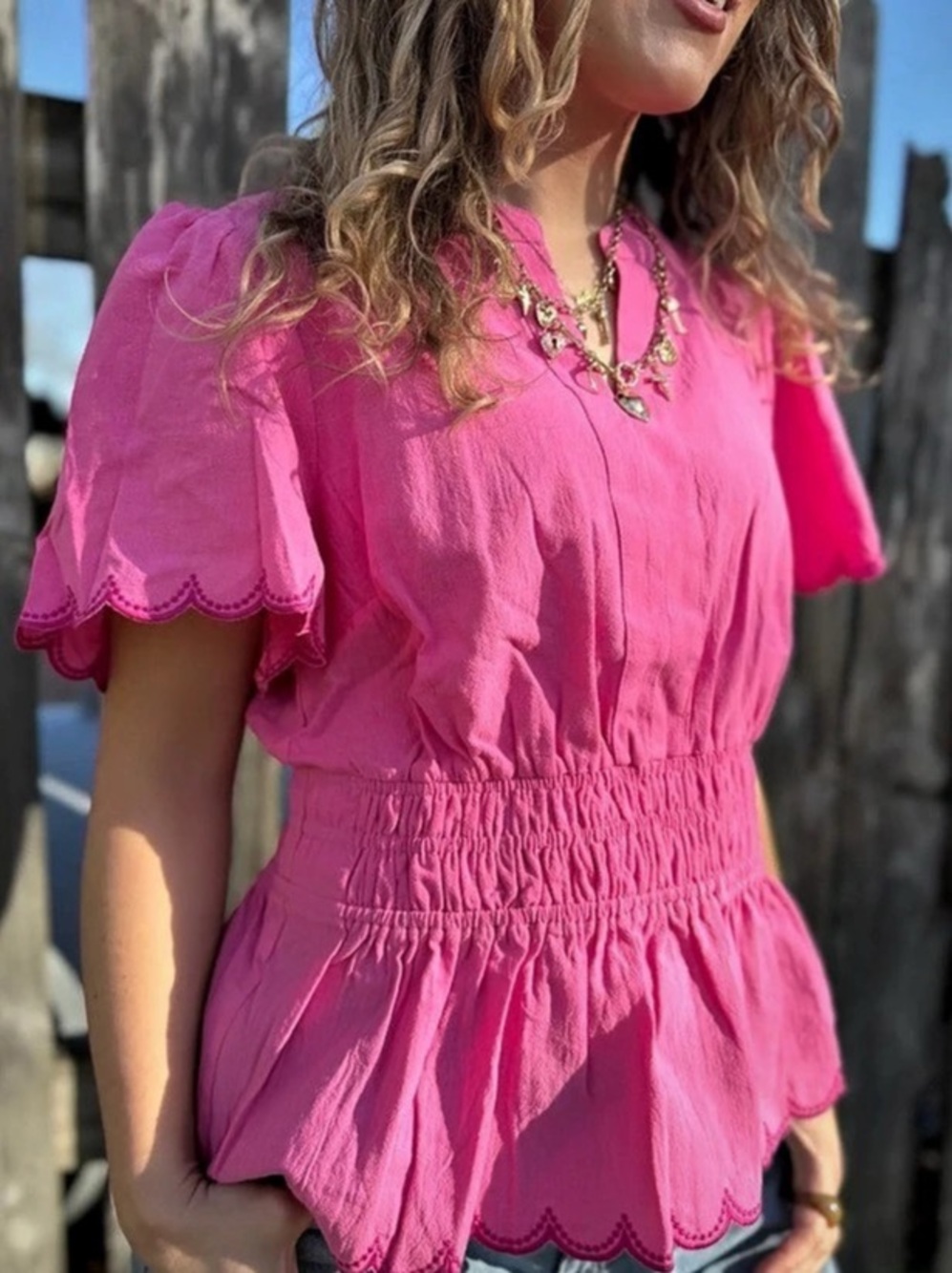 Umgee Smocked Peplum Top with Scalloped Ruffle Cap Sleeves Pink Small